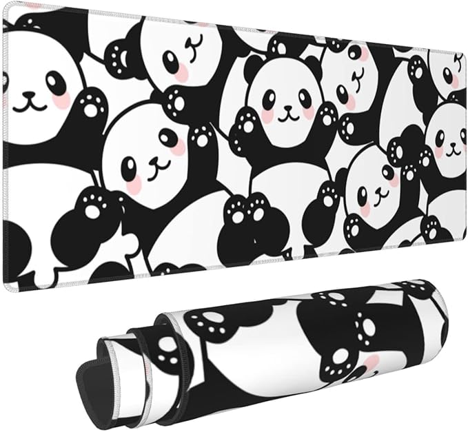 Cute Panda Print Mouse Pad Extended Large Gaming Mouse Pad XL Oversized Desk Pad Stitched Edges Non-Slip Mat 31.5 X 11.8 Inch