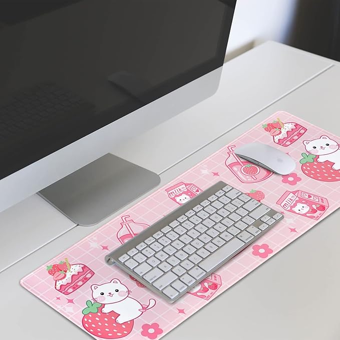 Kawaii Gaming Mouse Pad, Extended Large Cat Strawberry Milk, Pink, 31.5 X 11.8 Inch