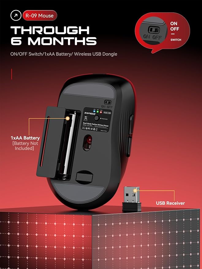 RAPIQUE Bluetooth Wireless Mouse - Dual Bluetooth & 2.4 GHz USB Receiver, Comfortable Grip, Quiet Clicks, Low Power - Multi-Device Compatibility for Laptop, Computer, iPad, MacBook (Gradient Red)