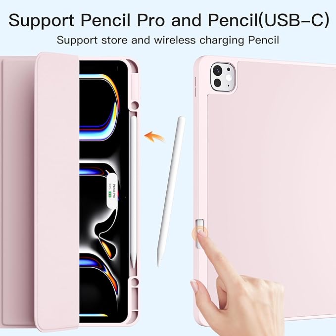 Akkerds Compatible with iPad Pro 13 Inch Case (M5/M4) 2025/2024, for iPad 13 Pro Case with Pencil Holder, Slim Trifold Stand Protective Cover with Soft TPU Back, Auto Wake/Sleep (Pink)
