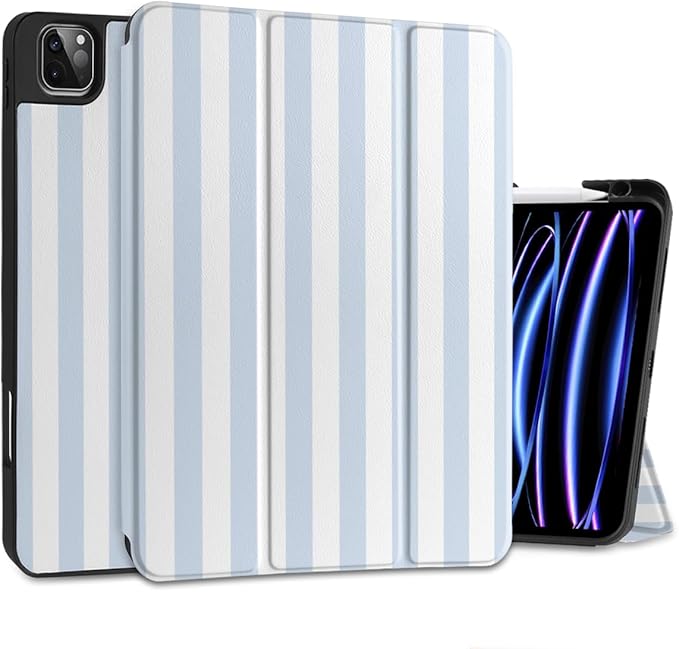 DONGKE Case for 2022/2021/2020/2018 iPad Pro 11 inch Gen 4/3/2/1 - Slim Protective Case - Built in Pencil Holder Support Charging - Trifold Stand & Sleep/Wake Cover- Blue Stripes