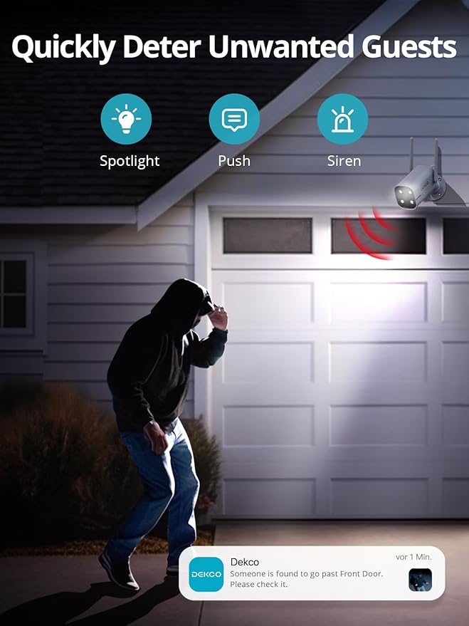 DEKCO 4 Pack Wired Home Camera Outdoor with 2K Color Night Vision, Pan Rotating 180° Security Cameras Support 24/7 Recording, 2.4GHz WiFi, AI Human Auto Tracking, Work with Alexa/Google Assistant