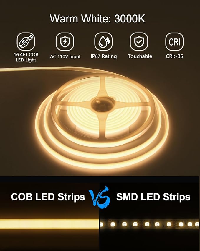 ALITOVE COB LED Strip Light Waterproof IP67 Warm White 3000K 16.4ft AC 110V 120V LED Neon Rope Lights Bright 1440LEDs Flexible LED Strip for Indoor Outdoor Cabinet Shower Bedroom(No Remote Dimmer)