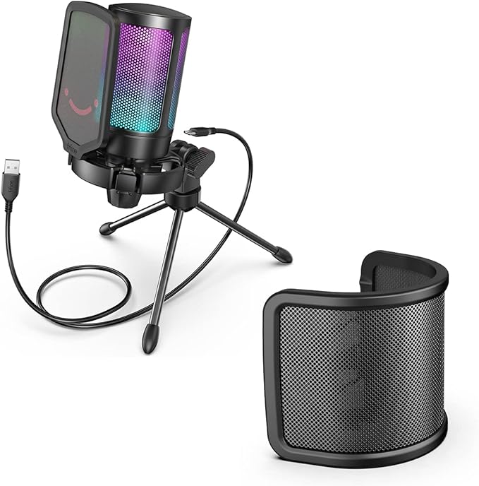 FIFINE Gaming USB Condenser Microphone with Pop Filter Bundle, Quick Mute, RGB Indicator, Tripod Stand, Shock Mount, Gain Control for Streaming YouTube Videos (A6V+U1)