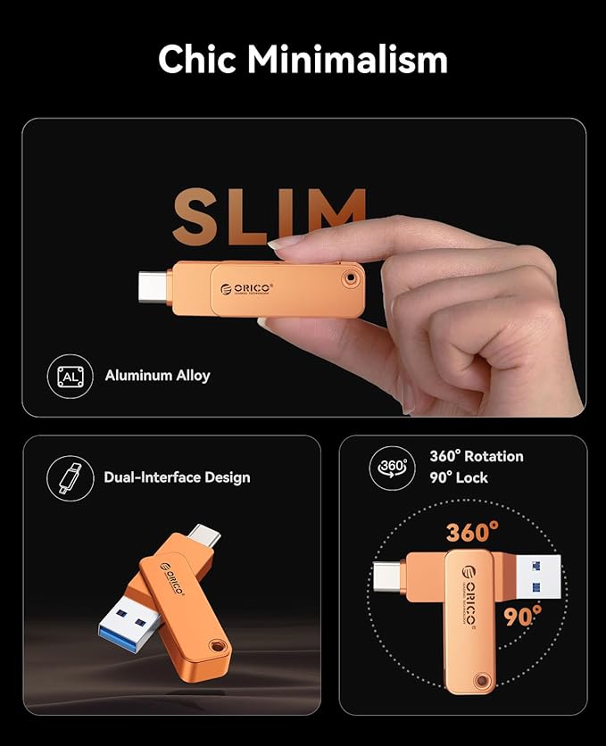 ORICO USB 3.0 Flash Drive 150MB/S Metal Housing Swivel Design Support OTG Function 2 in 1 PenDrive 128GB for USB C and USB A Devices -EB05 OR