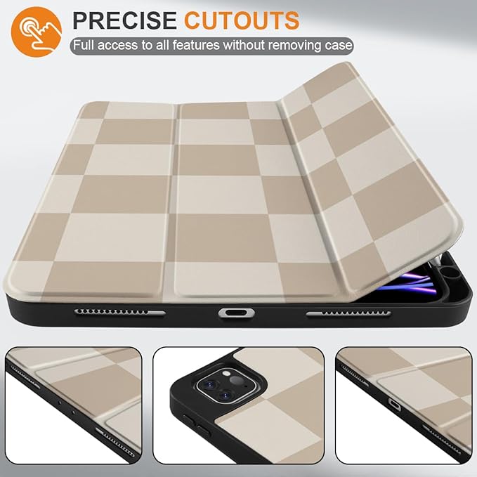 DONGKE Case for 2022/2021/2020/2018 iPad Pro 11 inch Gen 4/3/2/1 - Slim Protective Case - Built in Pencil Holder Support Charging - Trifold Stand & Sleep/Wake Cover- Beige Chessboard