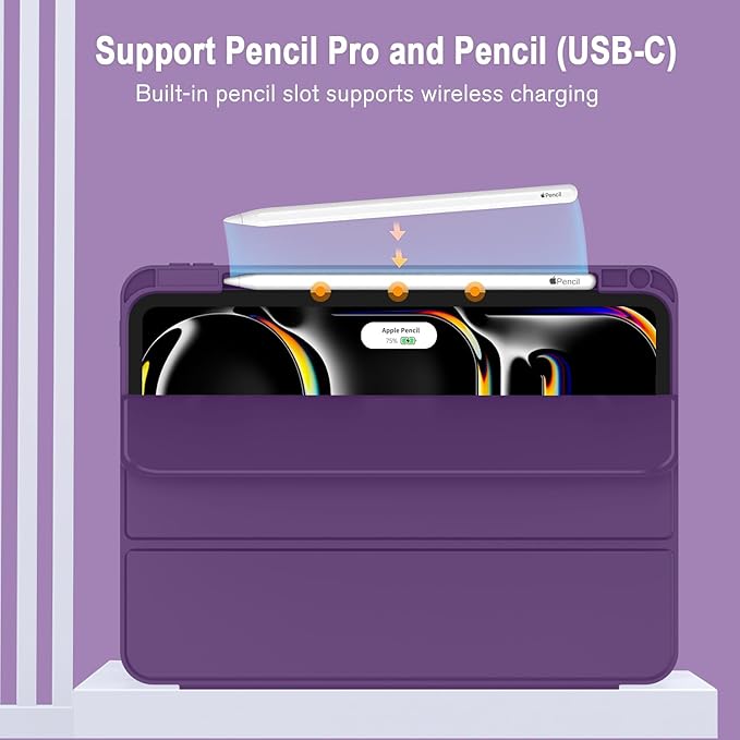 ZryXal New iPad Pro 13 Inch Case (M5) 2025 / (M4) 2024 with Pencil Holder, Smart iPad Case [Support Pencil Pro and Pencil (USB-C)], Support Touch ID and Auto Wake/Sleep (New Dark Purple)