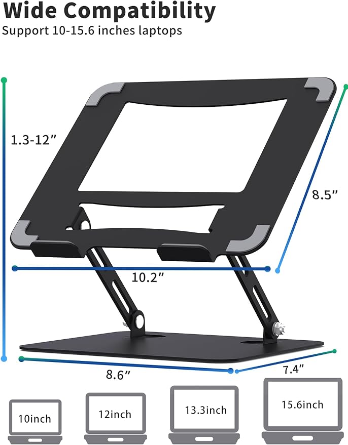 SOUNDANCE Laptop Stand for Desk with Stable Heavy Base, Adjustable Height Multi-Angle, Ergonomic Metal Riser Holder, Foldable Mount Elevator, Compatible with 10 to 15.6 Inches PC Computer, Black