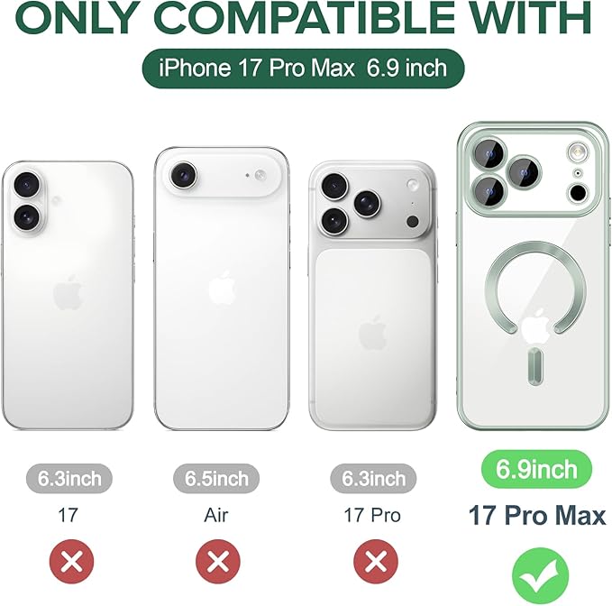 Hython Magnetic Clear for iPhone 17 Pro Max Case with Camera Lens Protector [Compatible with MagSafe] Plating Edge Slim Soft TPU Cover Protective Phone Case for iPhone 17 Pro Max 6.9", Matte Mint