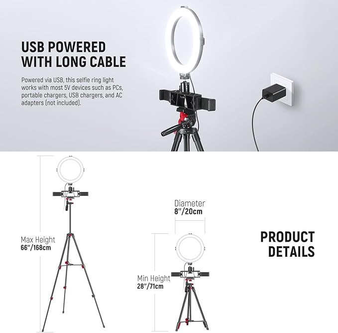 NEEWER Basics 8" Selfie Ring Light with Tripod Stand/2 Phone Holders Compatible with iPhone/3 Cold Shoes/Remote, LED Ringlight Lighting for YouTube TikTok Vlog Video Recording Makeup Streaming, R08