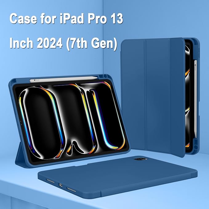 ZryXal New iPad Pro 13 Inch Case (M5) 2025 / (M4) 2024 with Pencil Holder, Smart iPad Case [Support Pencil Pro and Pencil (USB-C)], Support Touch ID and Auto Wake/Sleep (New Navy Blue)