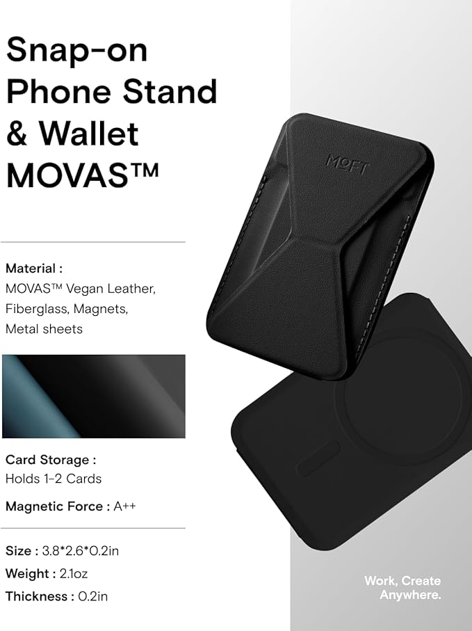MOFT Magnetic Wallet Stand Compatible with iPhone 17/16/15/14/13/12 Series, Angle Adjustment & Magsafe Compatible MOVAS Phone Stand,Jet Black