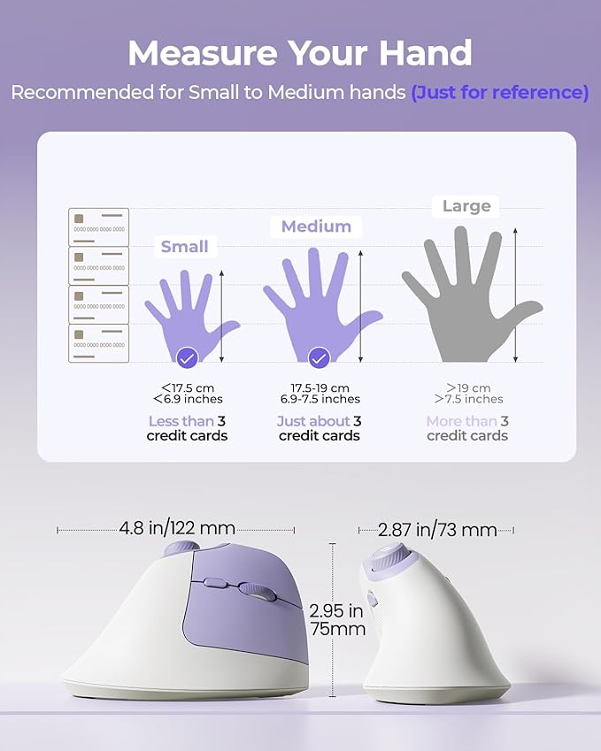 seenda Ergonomic Mouse Wireless, MOU-302 Bluetooth Vertical Mouse Rechargeable, Volume Knob, Silent Mice & 1000/1600/2400 DPI, 3 Multi-Device Connection for Windows/PC/Laptop/Mac/MacBook, White Purple