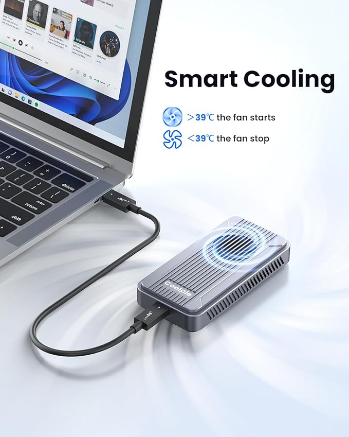 Coolpie 80Gbps M.2 NVMe Enclosure: Aluminum with Cooling Fan & Temp Control | Compatible with TB5/4/3, USB4 2.0 | Supports M&B+M Key NVMe SSD 2230-2280 Up to 8TB | for Mac M4 Pro, PC