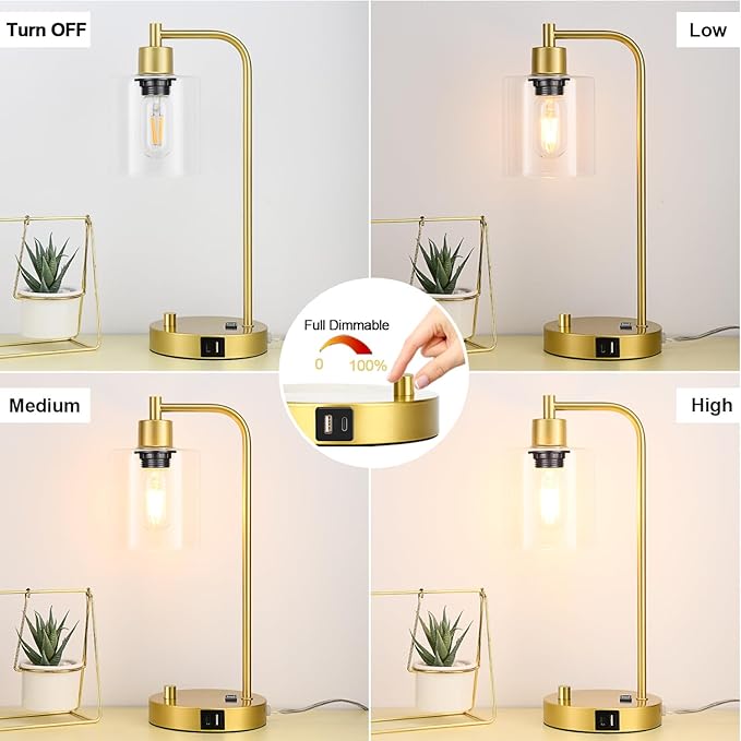Gold Industrial Table Lamp with USB A+C Ports & Outlet, Fully Stepless Dimmable Modern Nightstand Lamp, Glass Shade Bedside Desk Lamp for Bedroom Living Room Office, 8W 2700K LED Edison Bulb Included