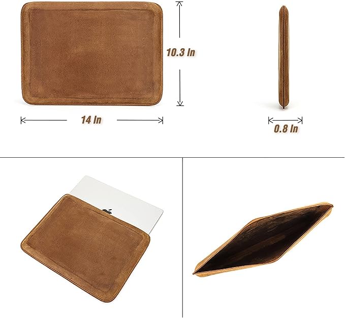 Top Grain Leather 14.2" Slim Laptop Sleeve Protector, Minimalist Vintage Design, Handmade, Compatible with MacBook Pro 14 inch 2021 2022 M1 Pro/M1 Max A2442 & Other PC, Brown 14.2 Inch