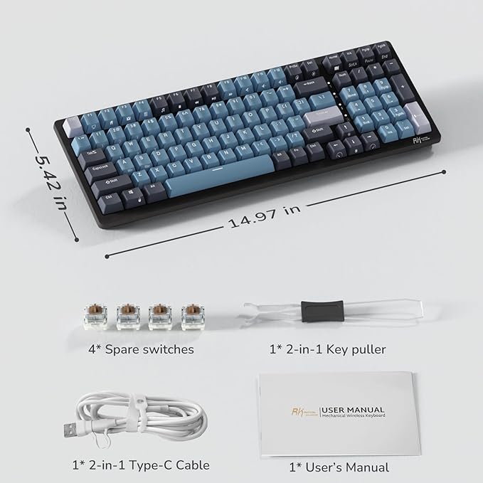 RK ROYAL KLUDGE RK98 Wireless Mechanical Keyboard, 100 Keys 98% Layout with Custom Switches Hot Swappable, Tri-Mode BT5.1/2.4G/USB-C Full Size Gaming Keyboard with Numpad RGB, Brown Switch