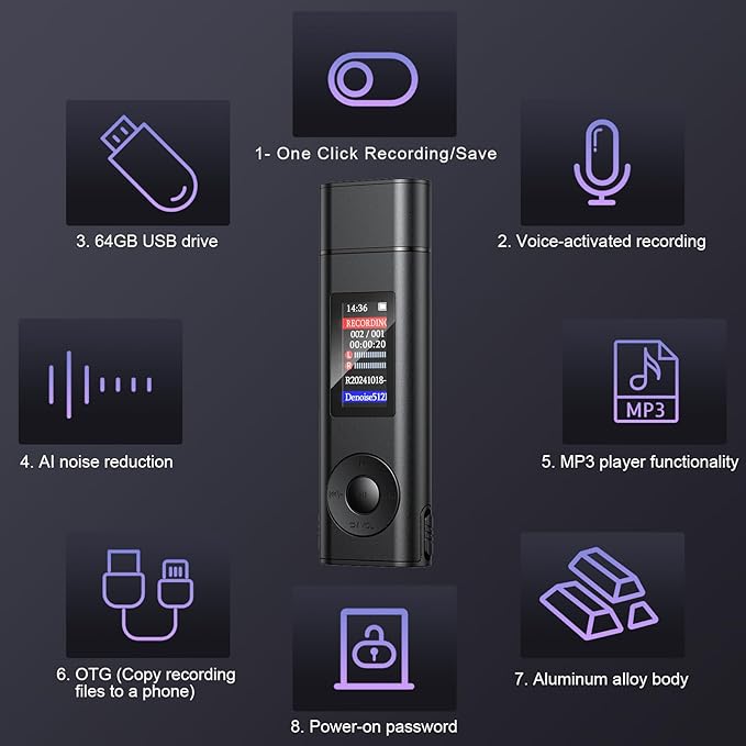 Digital Voice Recorder with 64GB Storage, Voice Activated Recording, USB Connectivity, Playback Function for Meetings, Interviews, Classroom