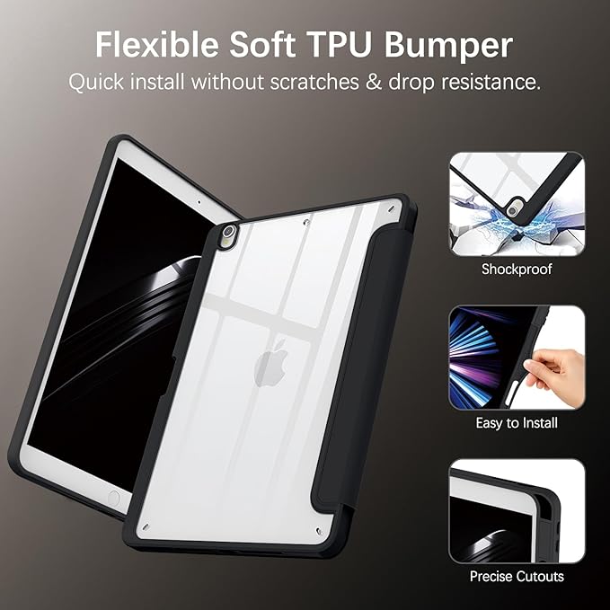 Case Compatible with iPad Air 3rd Generation, iPad Pro 10.5 inch 2017 Case with Pencil Holder, Stand Clear Back Cover for Air 3rd Gen 10.5" 2019, Auto Sleep/Wake, Black