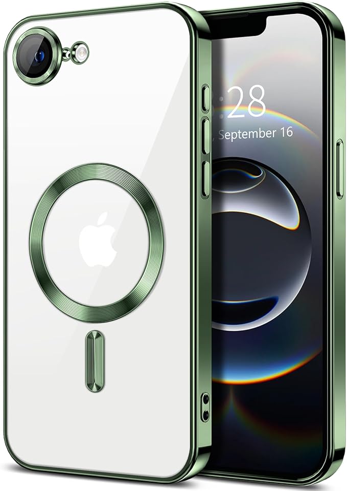 Hython Magnetic Clear for iPhone 16e Case with Camera Lens Protector [Compatible with MagSafe] Luxury Plating Edge Slim Soft TPU Cover Protective Phone Case for iPhone 16e 6.1", Deep Green