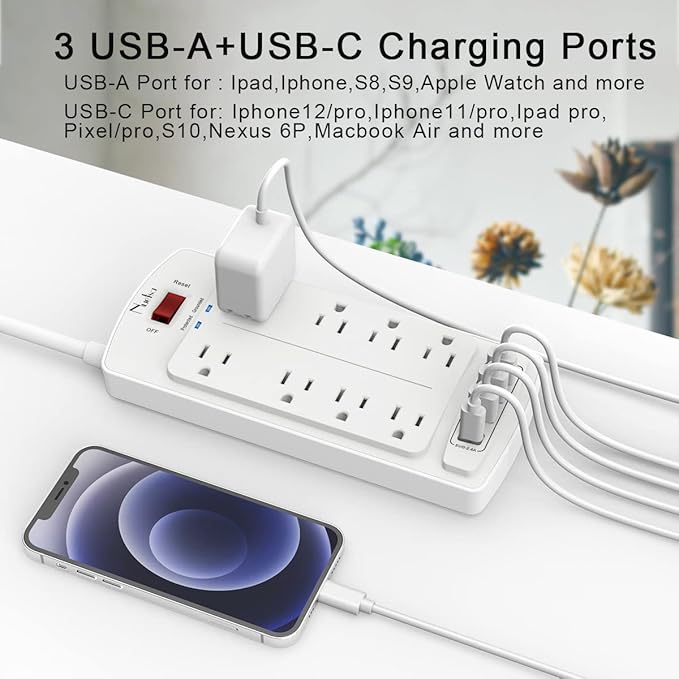 6FT Surge Protector Power Strip, Nuetsa Extension Cord with 8 Outlets and 4 USB Ports, 6 Feet Power Cord (1625W/13A), 2700 Joules, ETL Listed, White
