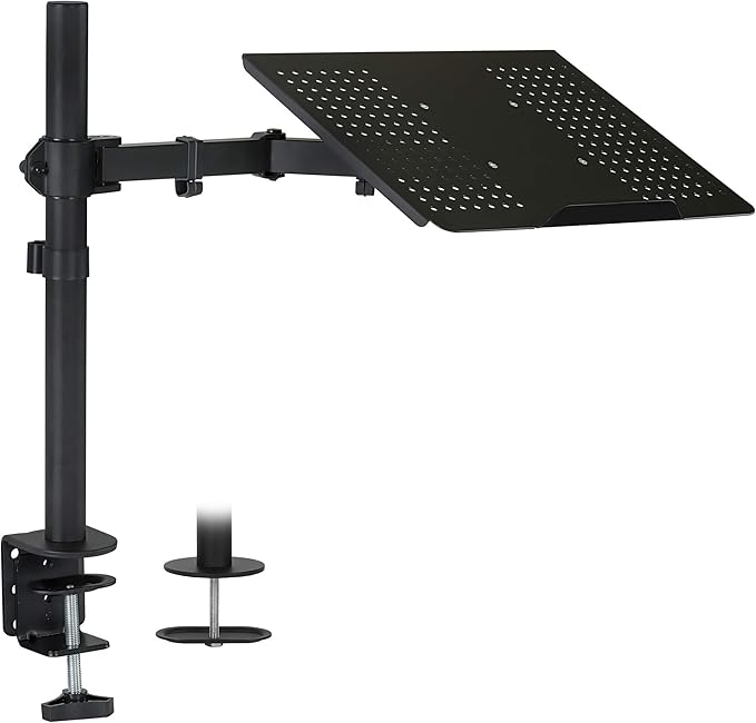 Mount-It! Laptop Desk Mount with Pole, Height Adjustable Laptop Stand Mount for Desk with Vented Tray, Full Motion Laptop Arm for 11–17 Inch Laptops, 22 lb Capacity, Clamp or Grommet Base