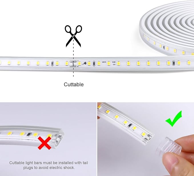 LED Strip Lights Outdoor Waterproof, 600 LEDs, 6500K Cool White, 16.4ft LED Rope Lights for Bedroom, Kitchen, Garden, Patio, Indoor Christmas Decoration, AC 110V (White Light, 16.4 ft)