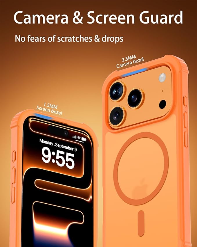 for iPhone 17 Pro Case, Magnetic Shockproof Matte Semi-Transparent Orange Cover, Compatible with MagSafe, Durable Anti-Fingerprint Anti-Scratch 3-in-1 Set Phone Case