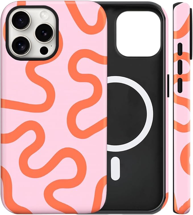 Magnetic for iPhone 16 Pro Max Case Cute Curved Stripes Phone Case, Shockproof Slim TPU and Hard PC Protective Phone Cover Compatible with MagSafe Designed for Women Girls,Pink