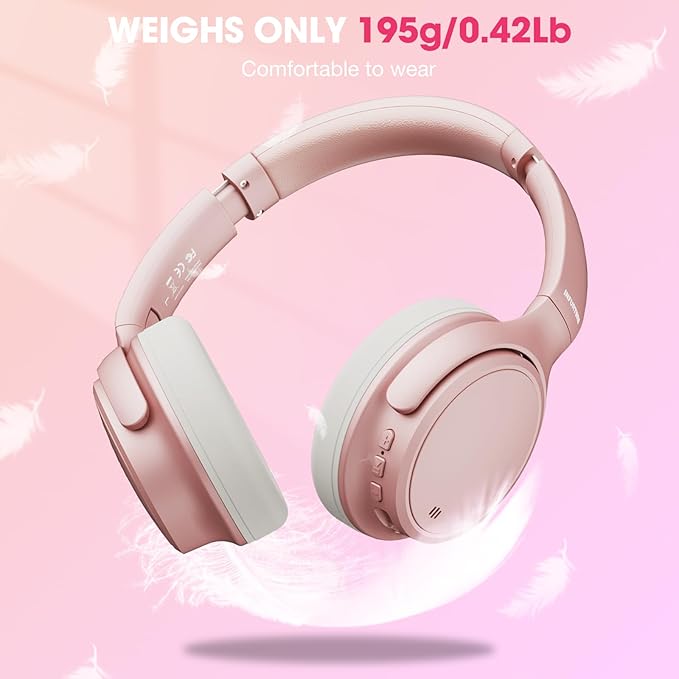 INFURTURE H1 Plus Doubly Fed Hybrid Active Noise Cancelling Headphones with EQ Mode，Wireless Over Ear Bluetooth Headphones with 4 Microphone, 90H Playtime,Lightweight for Home Travel Office(Pink)