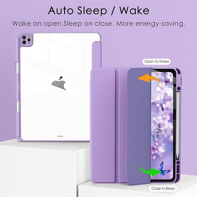 Soke Case for iPad Pro 12.9 Inch (6th/5th/4th/3rd Generation, 2022/2021/2020/2018) - Pencil Holder + Auto Sleep/Wake + Camera Protection, Transparent Shockproof Back Cover, Lavender Purple