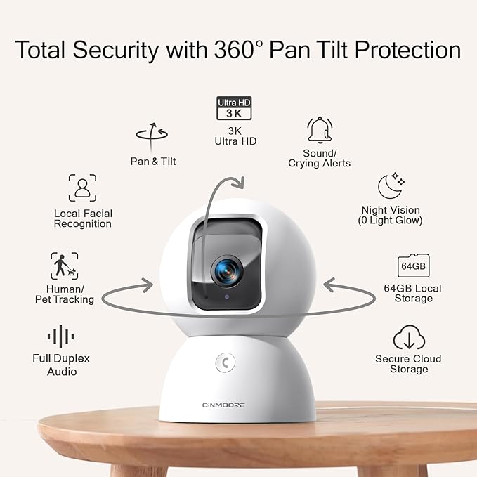 5G Indoor Camera, 3K Pet/Dog Camera with Phone App/Speaker, 64GB SD Card Included No Subscription, PTZ WiFi Baby Monitor for Home Security, 0-Glow Night Vision, Free AI Detection