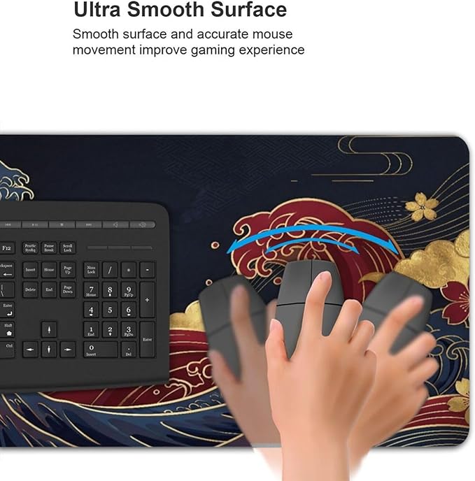 AQQA Japanese Great Wave Mouse Pad XL - Extended Gaming Desk Mat (31.5 x 15.7 in), Black and Gold Ukiyo-e Art Mousepad with Anti-Slip Rubber Base, Waterproof Keyboard Mat for Office, Home & Esports