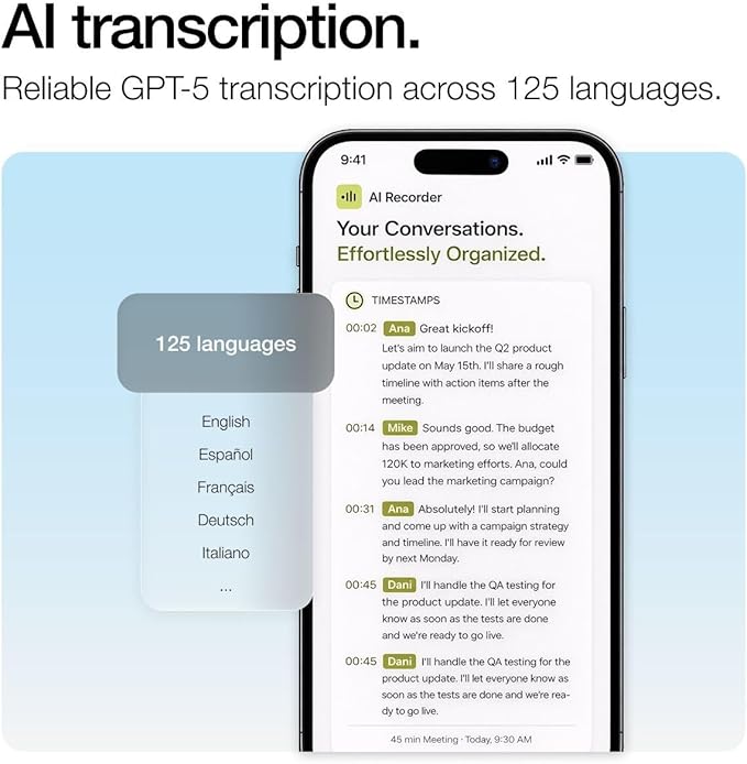 LIMU AI Voice Recorder, German Design AI Note Taking Device with GPT-5.5, Wireless Charging Audio Recorder, Transcribe, Summarize, MindMap, 125 Language, AI Assistant for Meetings, Calls, Lectures