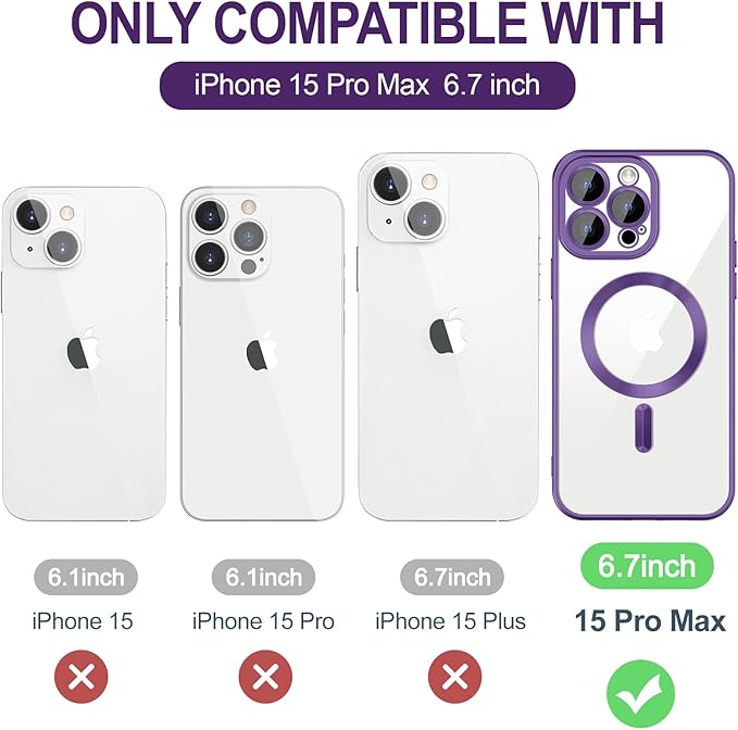 Hython Magnetic Clear for iPhone 15 Pro Max Case with Camera Lens Protector [Compatible with MagSafe] Plating Edge Slim Soft TPU Cover Protective Phone Case for iPhone 15 Pro Max 6.7", Matte Purple