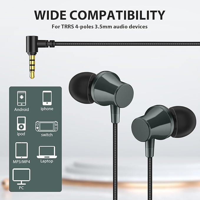 Wired Headphones Earphones for Laptop PC Chromebook Noise Isolating Ear Buds with 3.5mm Plug in Audio Jack Microphone HiFi Stereo Clear Call Volume Control for Kindle Fire School Travel MP3 Green