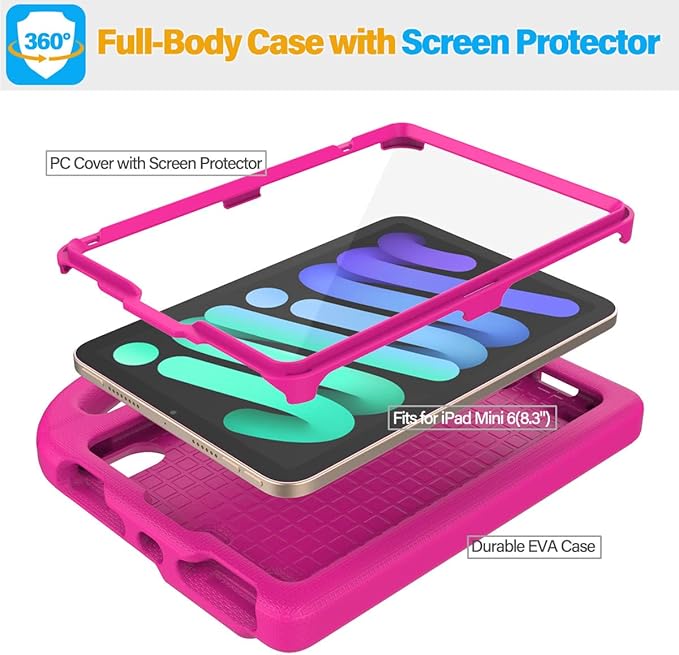 SUPLIK Kids Case for iPad mini 7 (A17 Pro) 2024 & iPad mini 6 (A15) 2021, 8.3-inch iPad mini 6th/7th Generation Case with Screen Protector, Durable Shockproof Kids Cover with Handle Stand, Pink