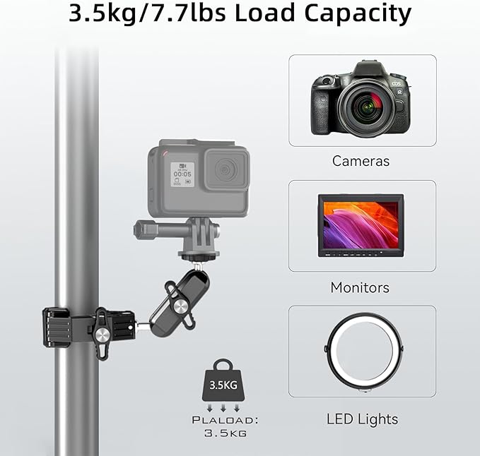 KINGJOY Super Clamp with 360° Magic Arm Double Ball Head, 1/4"-20 & 3/8"-16 Thread Camera Mount Adapter for DSLR, Monitor, LED Light, Action Camera, Bike Handle - Aluminum Alloy