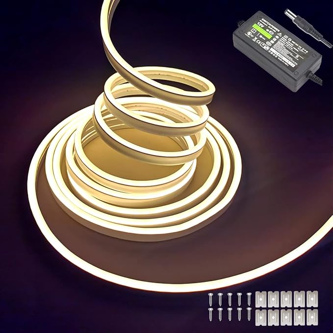 Warm White Neon LED Strip Lights, 16.4ft 12V Waterproof Flexible Light for Indoor/Outdoor Decoration (Includes Power Adapter)