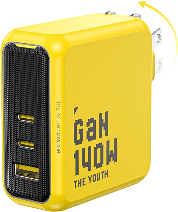 AOHI Youth 140W GaN+ USB C Charger 100W Laptop Fast Charger PD3.1 PPS 3-Port USB C Wall Charger Power Adapter for MacBook Pro 16'', Dell XPS, iPhone 17 Pro Max, iPad Pro, Tablet, Chromebook, Yellow