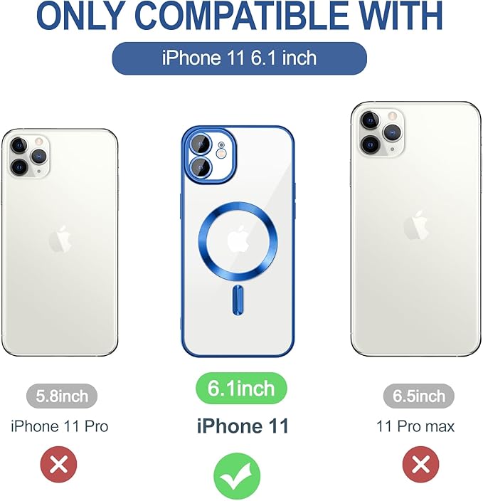 Hython Magnetic Clear for iPhone 11 Case with Camera Lens Protector [Compatible with MagSafe] Luxury Plating Edge Slim Soft TPU Cover Protective Phone Case for iPhone 11 6.1", Deep Blue