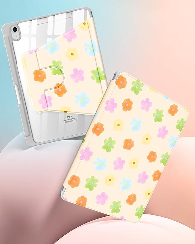 Uppuppy for iPad A16 Case for iPad 10th Generation Case 10.9 inch - 360 Degree Rotating Stand Folio Smart Cover with Pencil Holder for Women Girls, Colorful Flowers for Apple 10th 2022/11th 2025