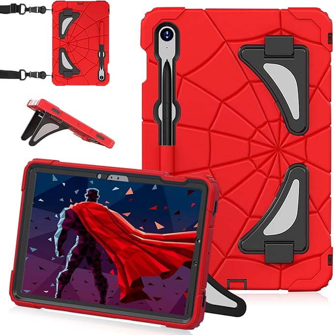 for Samsung Galaxy Tab S10 Lite 5G/ S10 FE/ S9 FE/ S9/ S8/ S7 Case (10.9''/11''), Shockproof Drop Protective Cute Cover for Kids Boys w/Pencil Holder Stand Carrying Shoulder Strap, Red Black