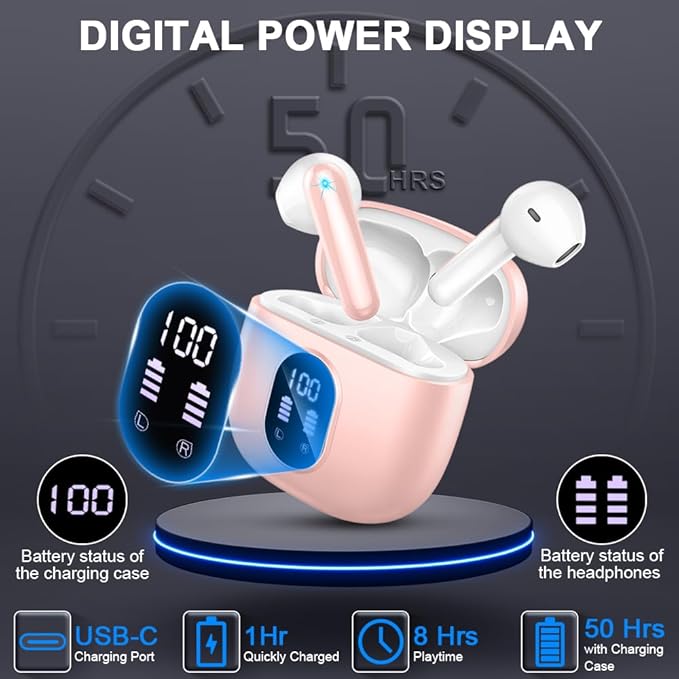Wireless Earbuds, Bluetooth 5.4 Headphones 50H Playback Bass Stereo Ear Buds with 4 ENC Cancelling Mics, Bluetooth Earbuds Dual LED Display IP7 Waterproof in-Ear Earphones USB-C for Android iOS Pink