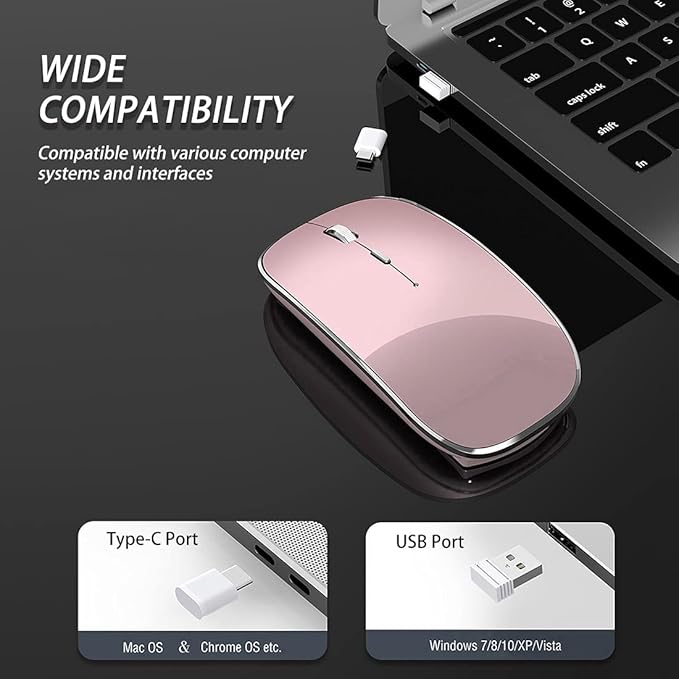 Halpilt Wireless Mouse Chargeable Portable Silent USB and Type-C Dual Mode Wireless Mouse 3 Adjustable DPI for Laptop, Mac, Android, PC (Q23S Black) (Rose Gold)