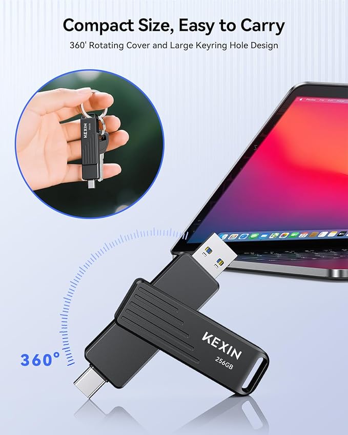 KEXIN Dual USB C Thumb Drive 256GB up to 1000MB/s Flash Drive with Type-C and USB-A Connectors USB 3.2 Gen 2 USB Drive 256G Swivel Memory Stick for iPhone 15/16/17, Smartphone, Tablet, Laptop