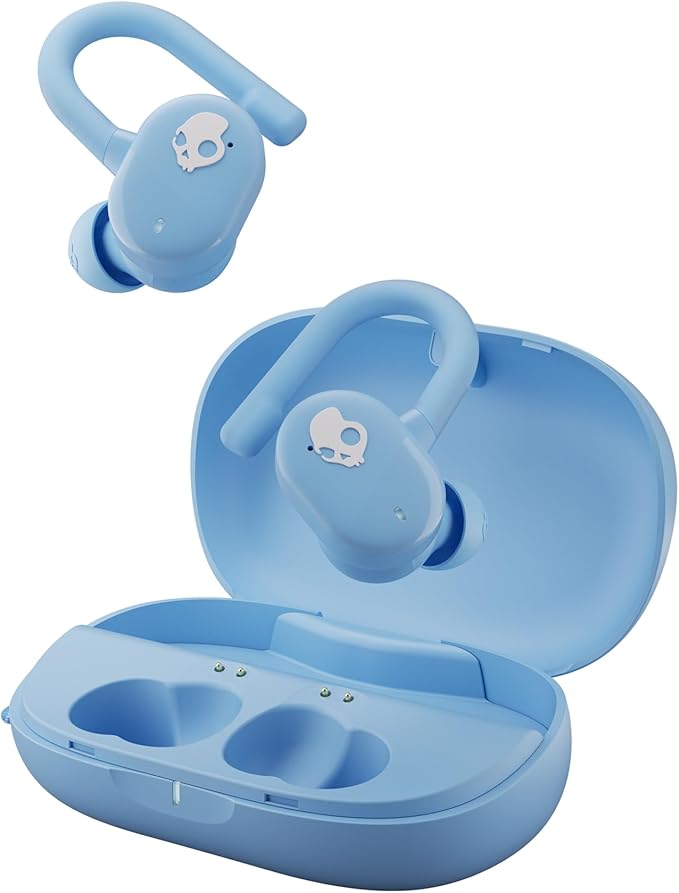 Skullcandy Push Play Active Wireless Earbuds, Bluetooth Headphones, Noise Isolating Fit, 34 Hrs Battery, Secure-Fit Over-Ear Hanger, Sweat Water Resistant, Microphone for iPhone Android - Preppy Blue