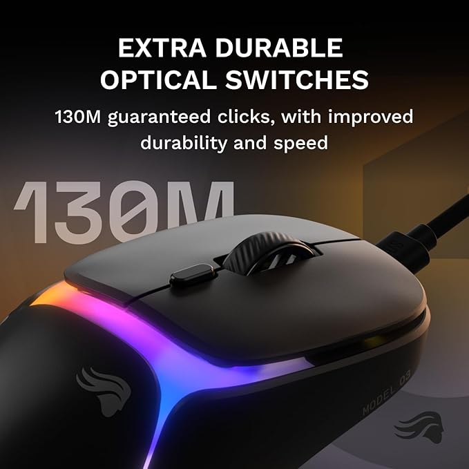 GLORIOUS Gaming Model O3 Wired Gaming Mouse - Ultralight 54g Weight, 130M Click Optical Switches, 30K DPI BAMF 3.0 Sensor, 750 IPS Tracking, 50G Acceleration, Supports All Grip Types - Black