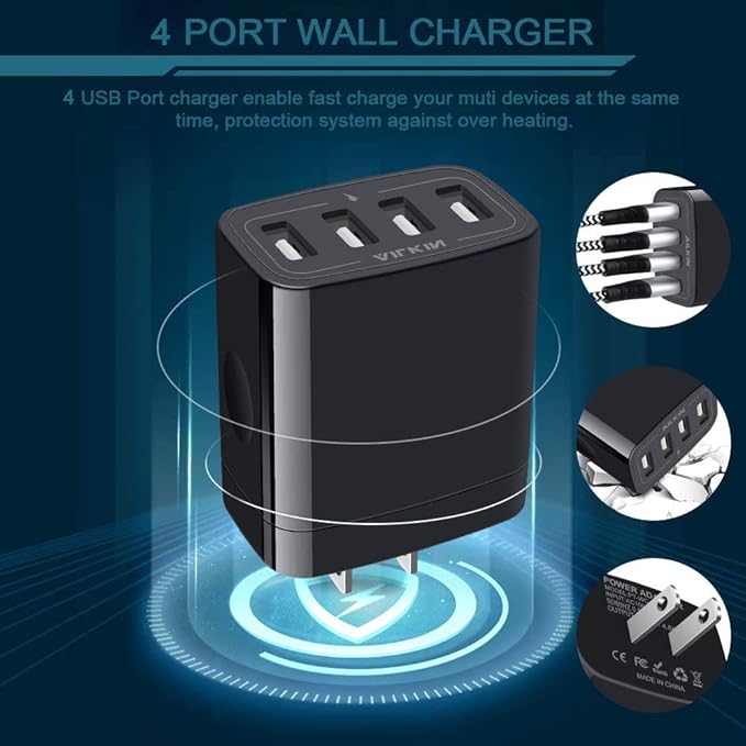 Wall Charger, USB Charger Adapter, AILKIN 4.8A 4Multi Port Fast Charging Station Power Base Block Plug Cube Brick for iPhone 17 16 15 14 SE 13 12 11Pro Max/X/Plus, Samsung A16/A17/S25/S24 Kindle Plug