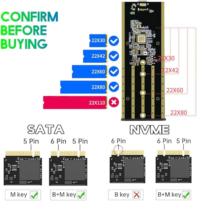 Aluminum M.2 NVME SATA SSD Enclosure Adapter with Bag, USB 3.2 Gen 2 (10 Gbps) M-Key/(B+M) Key Solid-State-Drive External Enclosure, Support UASP Trim for SSDs 2230/2242/2260/2280